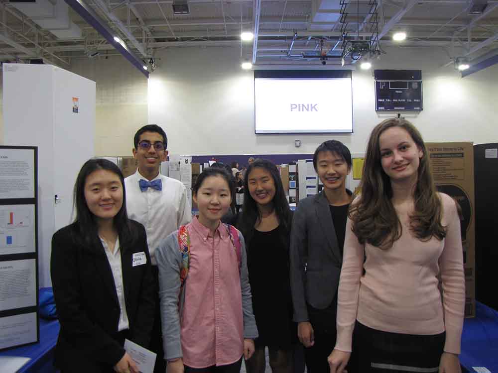 (Left to right) Junior Olivia Kim, sophomore Rohan Gorajia, sophomore Rachel Chae, Sophomore Emily Yu, sophomore Sarah Shimizu, sophomore Morgan Kopecky presented their research at the IUSD Science Fair at Portola High.