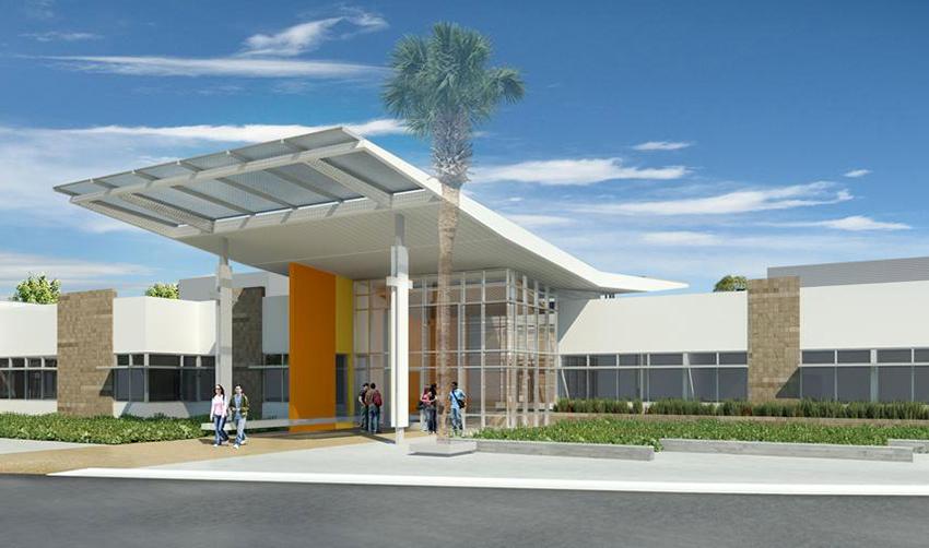 The planned entrance of  Portola High School, which will become home to 2,400 students in 2016. 