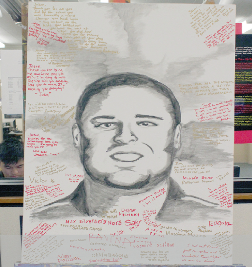 Students commemorate Van Leuven with a memorial drawing on display in the media center.