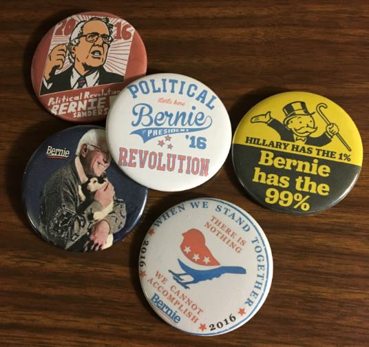 Senior Michelle Chang shows her collection of campaign buttons.