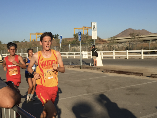 Junior Carter Allan runs in the JV Gold Division Race.