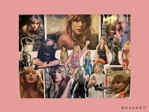 A collage of pictures of Taylor Swift in various magazines, including her 2019 appearance in Vogue, an image of her during her reputation world tour from the Taylor Swift edition of Queens of Pop magazine, and her feature in 2019 People of the Year in People.