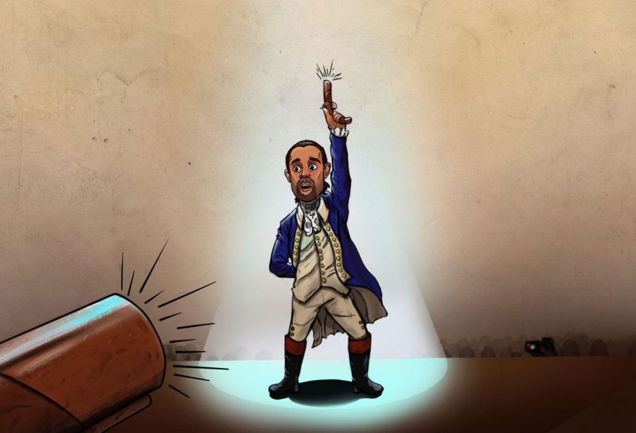 Lin-Manuel Miranda raises his pistol as Alexander Hamilton in the play Hamilton that was released on Disney+ on July 3, 2020.