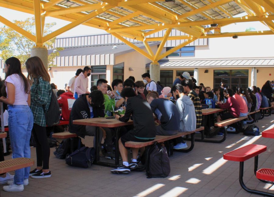 Woodbridge High students gather at the music quad tables to eat lunch.