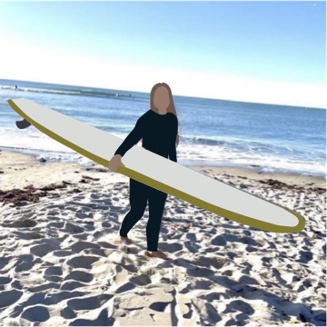 Senior Ellie Khorashadi clutches her surfboard in hand as she prepares for her shift at Banzai Surf School.