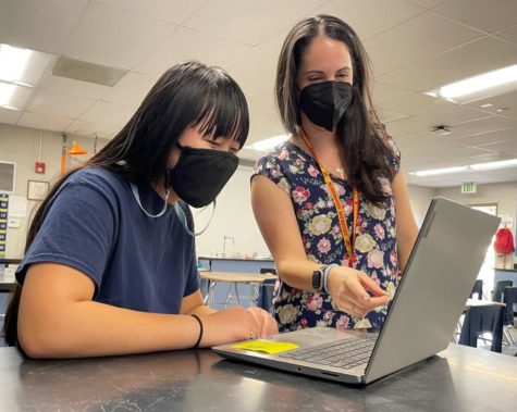 Techy Teaching: Science teacher Jacklyn Severn talks to Freshman student Aanjae Yu. Gizmos and Canvas are resources that Severn worked with for teaching.