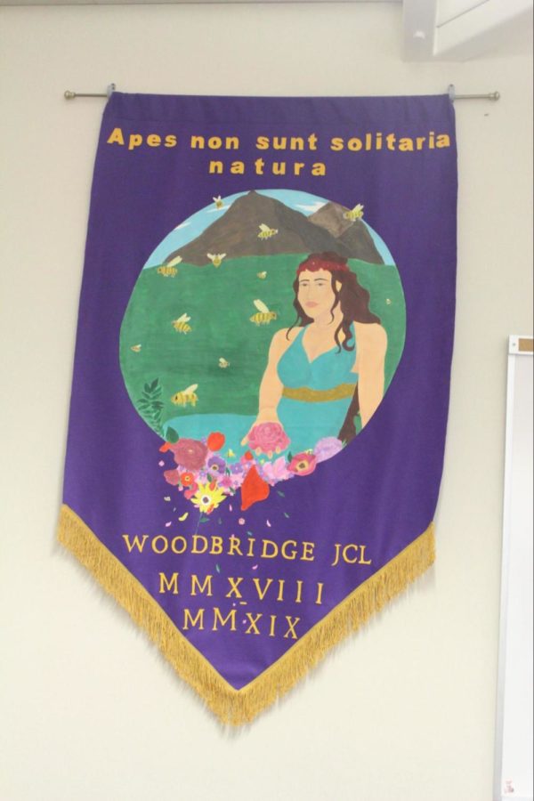 A banner of the Woodbridge JCL Club, hung up inside Mr. Conat’s classroom, signifying that he is the club advisor. 
