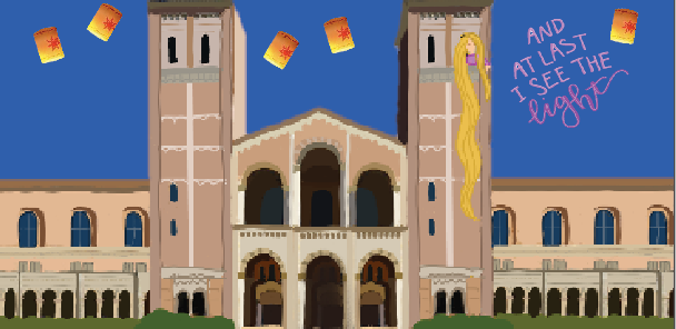 Rapunzel sings out the window of the University of California Los Angeles (UCLA).