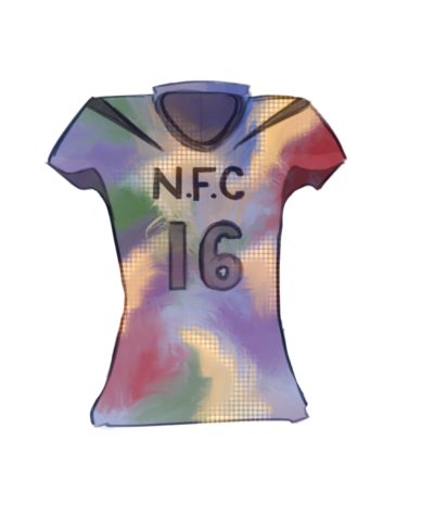 Football jersey tie-dyed with all the colors of the football teams in the National Football Conference.