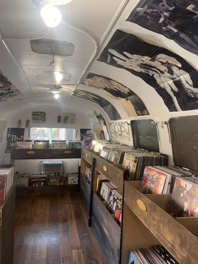 At the LAB Anti-Mall in Costa Mesa you can see a record shop designed inside of a camper bus.