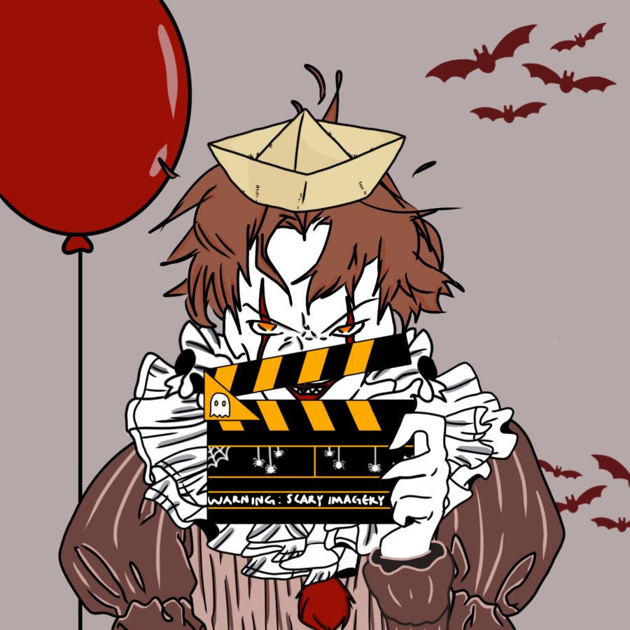 Pennywise, the killer clown starring as the primary antagonist in the movie adaptation of horror author Stephen King’s 1986 novel “IT”, holds a Halloween-themed movie clapperboard.