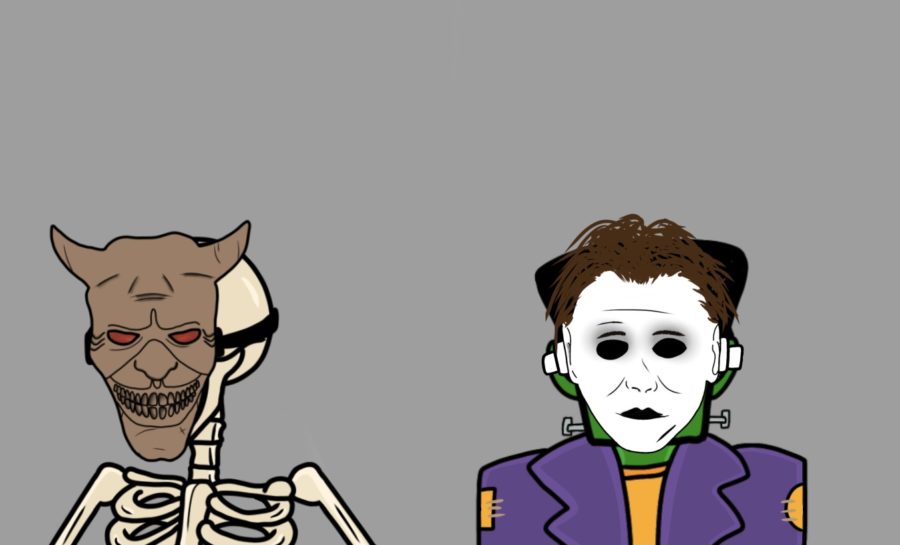 A skeleton wears the mask worn by The Grabber, who stars as the main antagonist of The Black Phone (2022). To the right of the skeleton, a frankenstein wears the mask of Michael Myers, the classic villain of the Halloween franchise. 