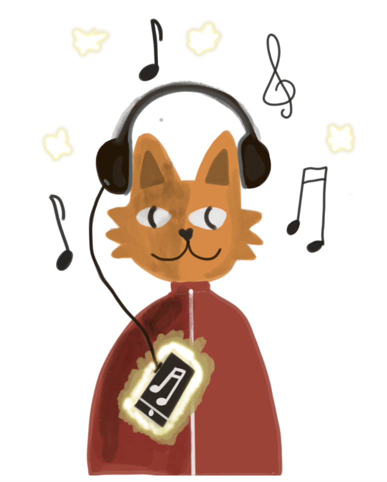 A cat caricature enjoys listening to the latest album by Olivia Rodrigo.