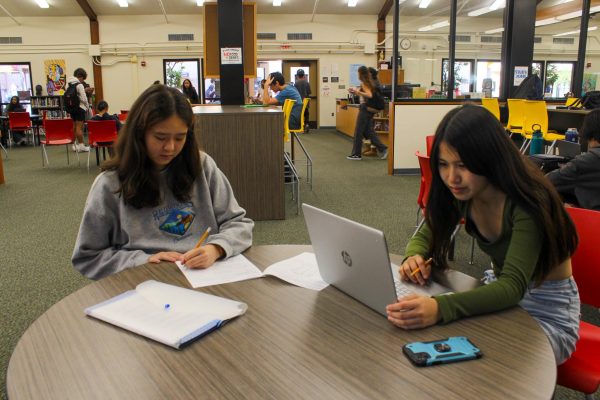 Seniors Cheryl Smith and Jamie Shih research on the numerous scholarship opportunities.