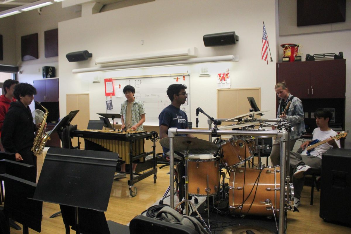 The members of the jazz band rehearse at a weekly meeting.
