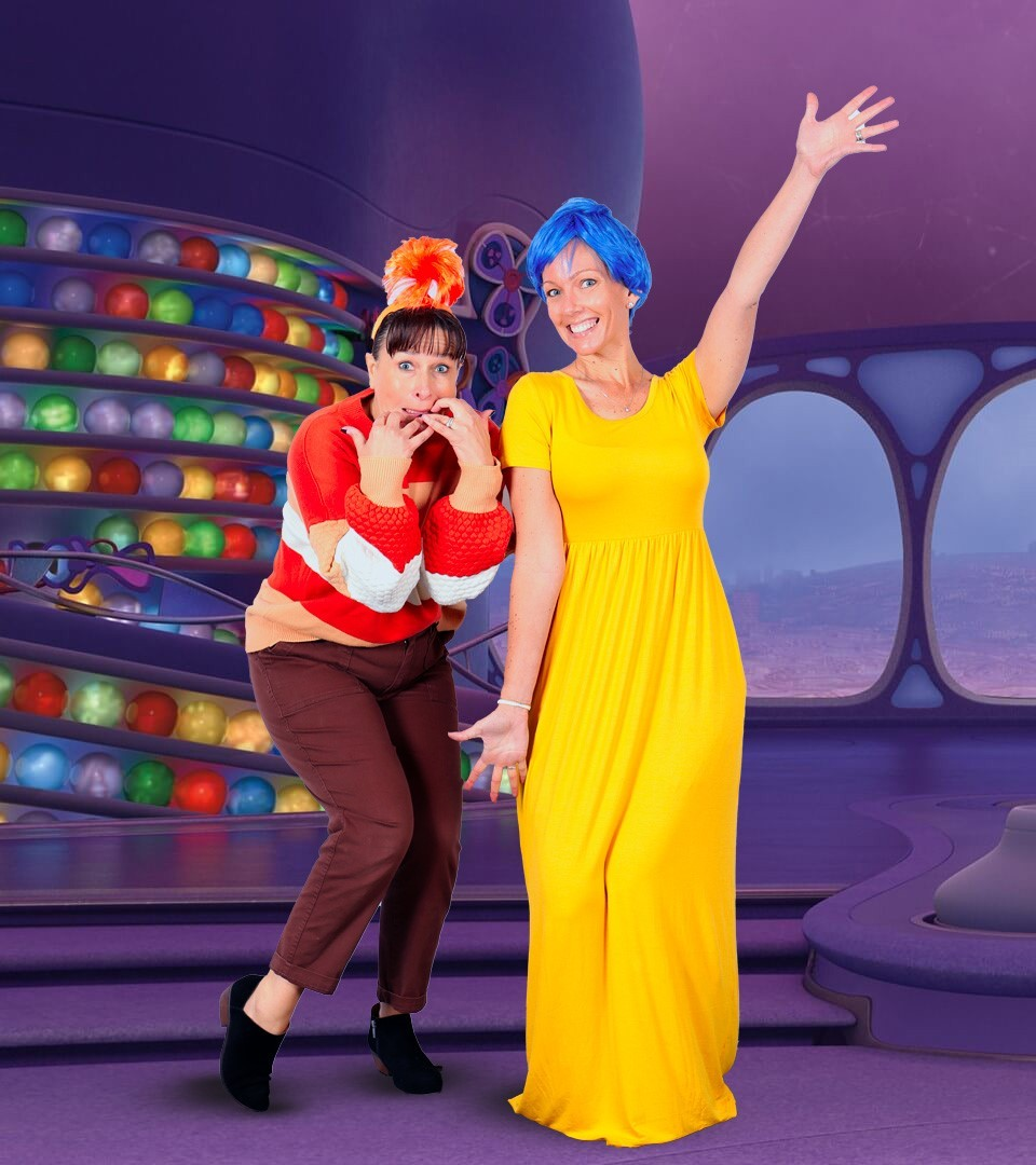 Principal Linzi Gorzycki and Vice Principal Chrstine Haley pose
as Joy and Anxiety from "Inside Out" during the 2024-2025
school year.