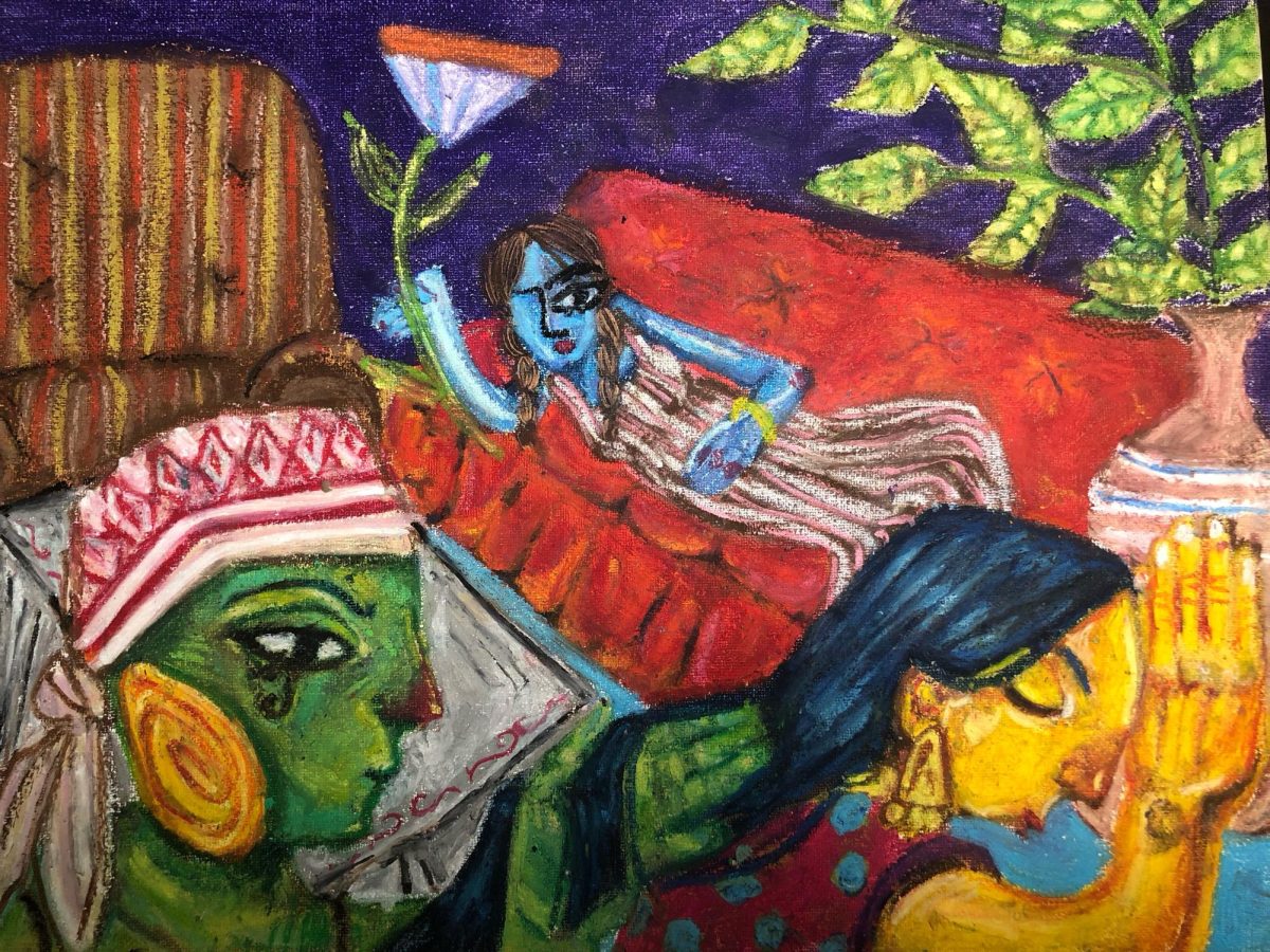 "The inspiration behind this work was trying to depict a casual hang out between girls but in a spiritual way. The green figure represents ancient Aztec spirits of women who die during childbirth (who are considered warriors). The blue figure holds an Egyptian lotus, a symbol of mysticism and spirituality. In short, it combines female spirits from different cultures who all hold different symbols," junior Hana Ali said.